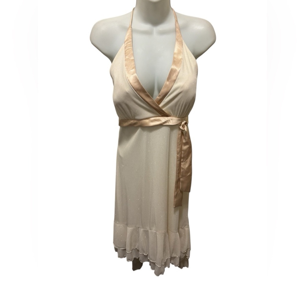 VTG Y2K Asymmetrical Babydoll Fairy Dress Halter Dress Empire Waist Sz 12 Cream